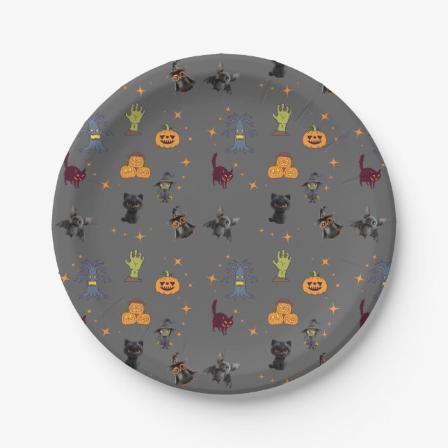 Spookes Halloween-Muster mit schwarzen Katzen, Kür Pappteller (Vorderseite)
