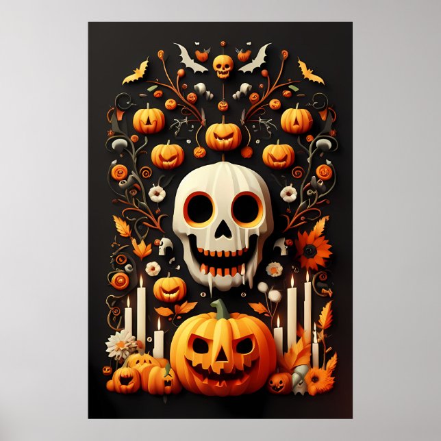 Spookes Halloween Schädelkunst, zitternder weißer  Poster (Vorne)