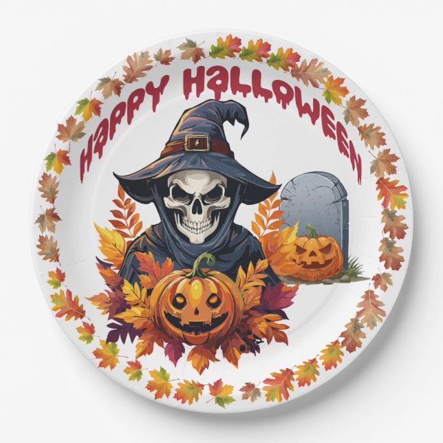 Spookes Halloween Shaman mit Herbstlauben Pappteller (Vorderseite)