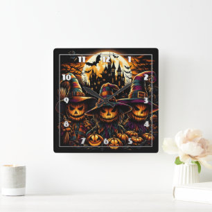 Spookes Halloweenschrei mit glühenden Kürbis Quadratische Wanduhr