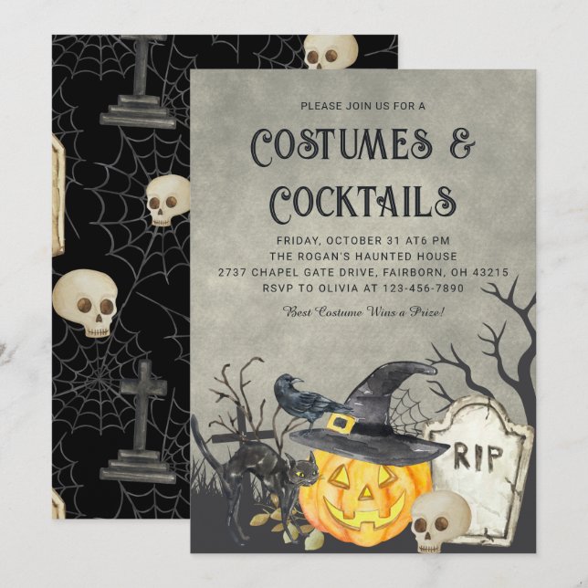 Spookes Kostüme und Cocktails Halloween-Party Einladung (Vorne/Hinten)
