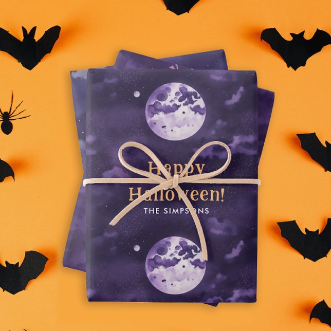 Spookes Lila Halloween Night Moon Wasserfarbe Geschenkpapier Set (Von Creator hochgeladen)