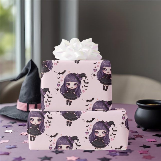 Spookes niedliches, lila-rosa Mädchen-Muster Geschenkpapier (Spooky cute purple pink witchy girl pattern wrapping paper)