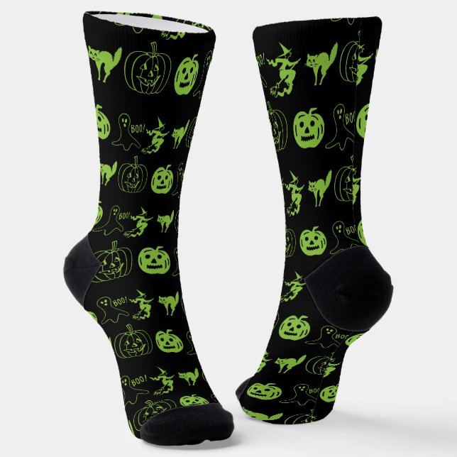 Spookes schwarz-grünes Kürbiskatzenkatzenwirbel Ha Socken (Gewinkelt)