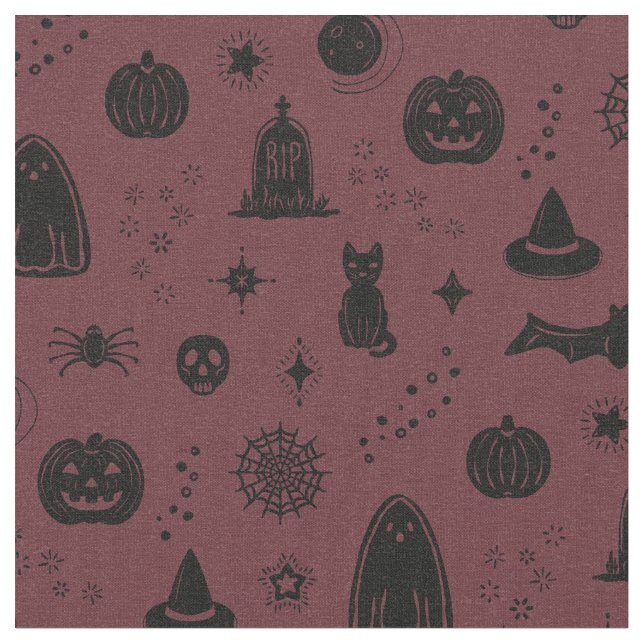Spookie Dinge Muster - Wein + Kohlestoff Stoff (Nahaufnahme)