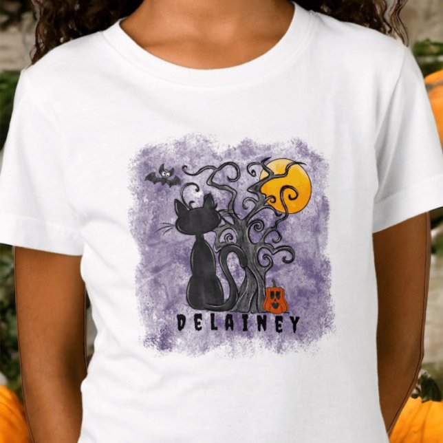 Spookk Niedlich Halloween Black Cat Bat Name Lila T-Shirt (Von Creator hochgeladen)