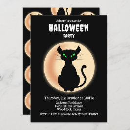 Spookke schwarze Katzengrün Augen mit Mond Hallowe Einladung