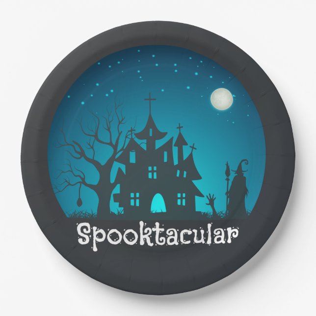 Spooktacular Blau und Schwarz Spuk Haus Pappteller (Vorderseite)