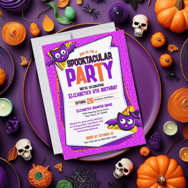 Spooktacular Fledermäuse Einladung zum Geburtstag (Spooky invite perfect for Halloween parties or birthdays. Purple invite featuring bat characters)