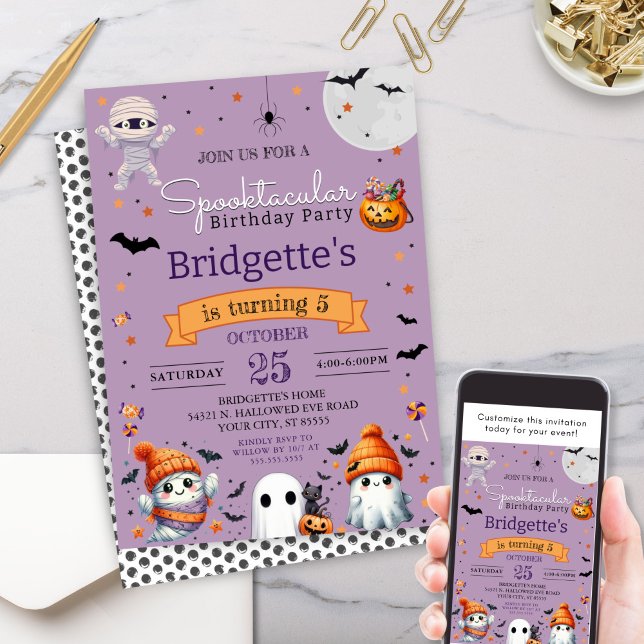 Spooktacular Ghost Lila Halloween Party Einladung (Cute purple spooktacular birthday party halloween kids party invitation for class or costume party)