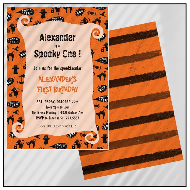 Spooktacular Halloween 1. Geburtstag Einladung (Halloween-1st-birthday-Invitation-Spooky-one-Spooktacular-orange-1)