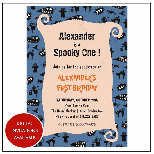 Spooktacular Halloween 1. Geburtstag Einladung (Halloween-1st-birthday-Invitation-Spooky-one-Spooktacular-boy-blue-1)