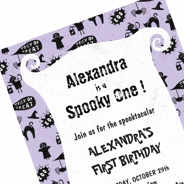 Spooktacular Halloween 1. Geburtstag Einladung (Halloween-1st-birthday-Invitation-Spooky-one-Spooktacular-girl-purple-1)