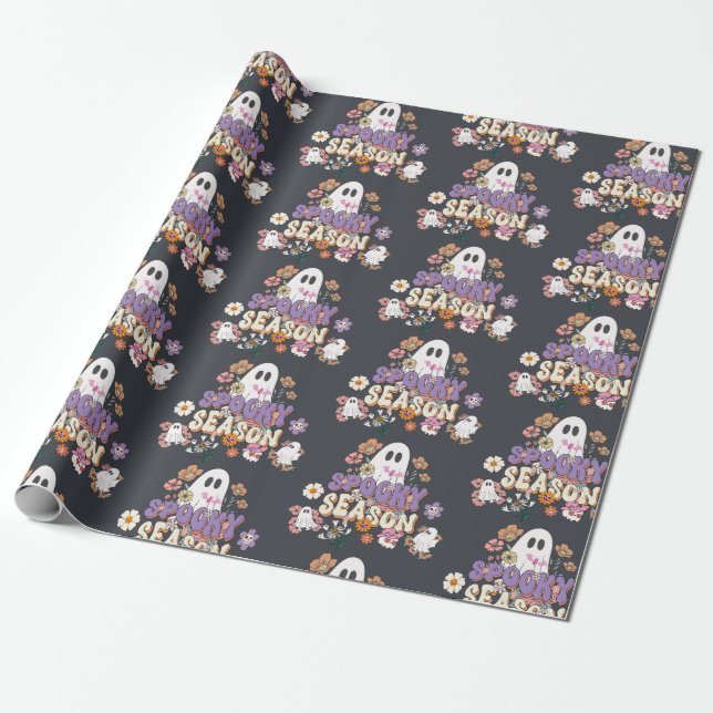 Spooktacular Niedlich Ghosts and Blume Groovy Blac Geschenkpapier (Ungerollt)