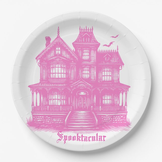 Spooktacular Pink Spuk House Halloween Pappteller (Vorderseite)