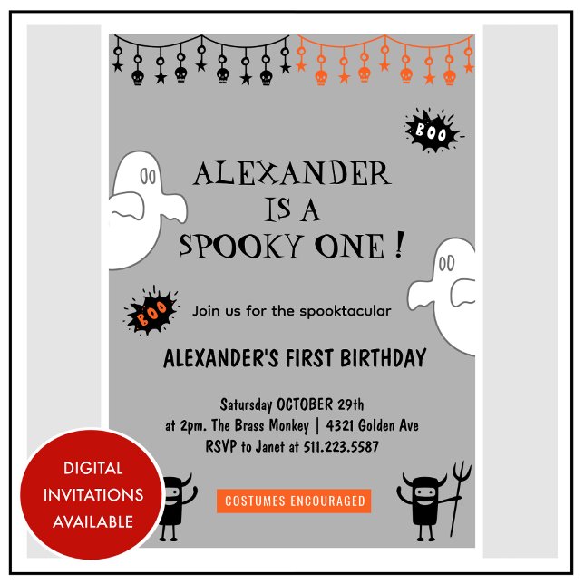 Spooktacular Spookular ein Halloween 1. Geburtstag Einladung (Halloween-1st-birthday-Invitation-Spooktacular-Spooky-one-grey-1)