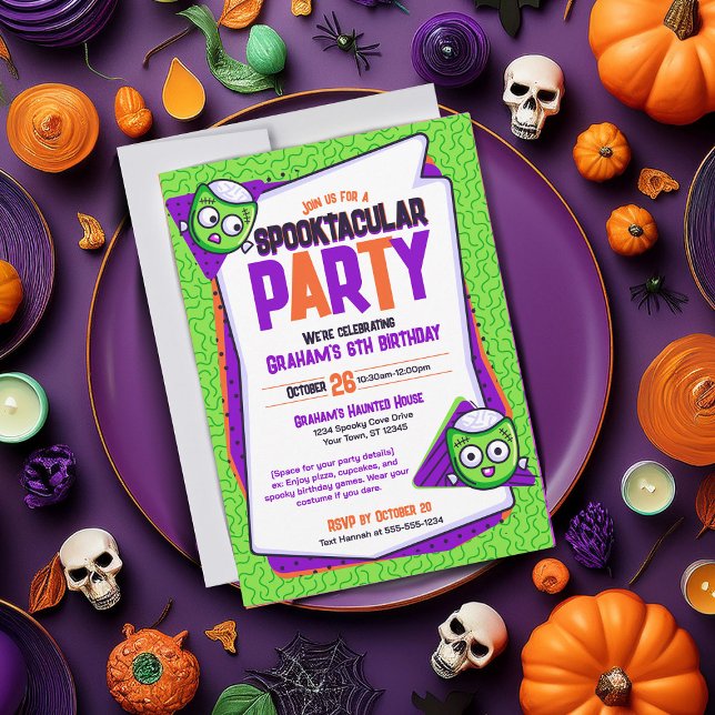 Spooktacular Zombies Green Geburtstagseinladung Einladung (Spooky invite perfect for cute Halloween parties or birthdays. Green card featuring zombies)