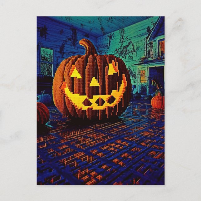 Spooky 8-Bit-Kürbislaterne Postkarte (Vorderseite)