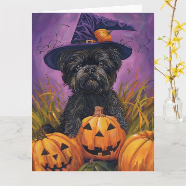 Spooky Affenpinscher Halloween Hexe und Pumpkin Karte (Gelbe Blume)
