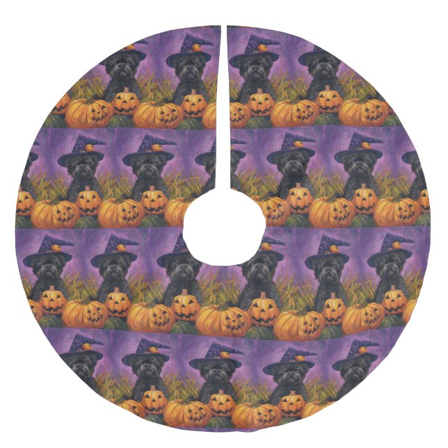 Spooky Affenpinscher Halloween Hexe und Pumpkin Polyester Weihnachtsbaumdecke (Vorderseite)