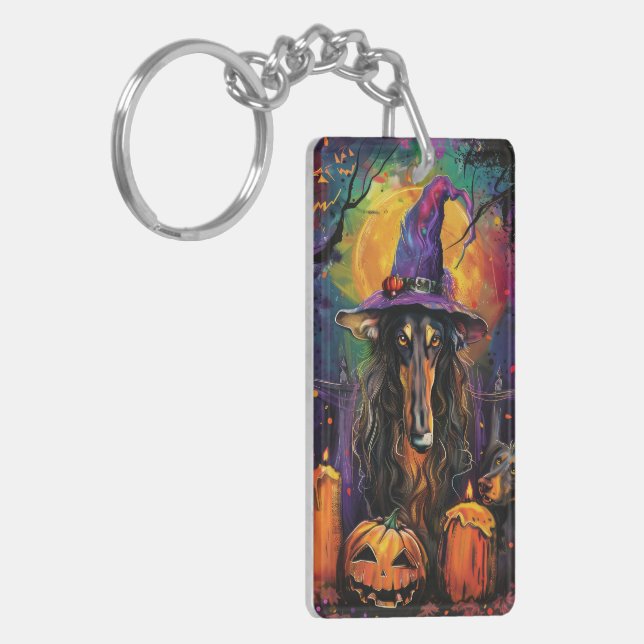 Spooky Afghan Hound Halloween Hexe und Pumpkin Schlüsselanhänger (Vorderseite links)