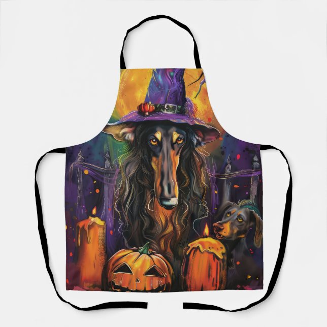 Spooky Afghan Hound Halloween Hexe und Pumpkin Schürze (Vorderseite)