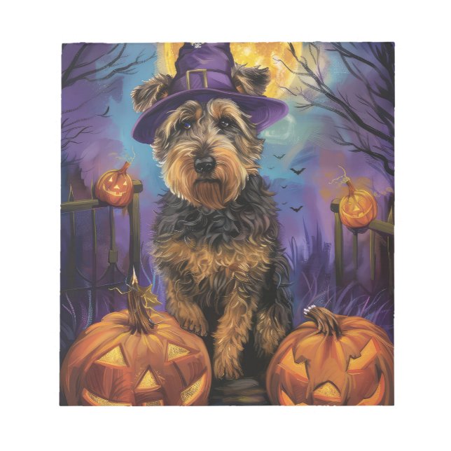 Spooky Airedale Halloween Hexe und Pumpkin Notizblock (Vorderseite)