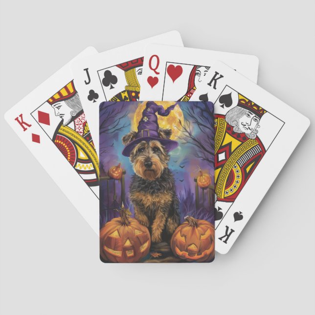 Spooky Airedale Halloween Hexe und Pumpkin Spielkarten (Rückseite)