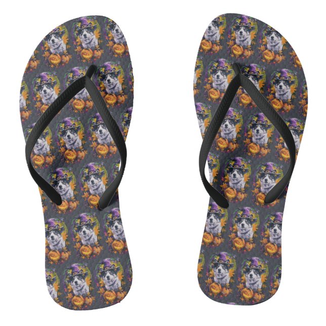 Spooky Akita Halloween Hexe und Pumpkin Flip Flops (Fußbett)