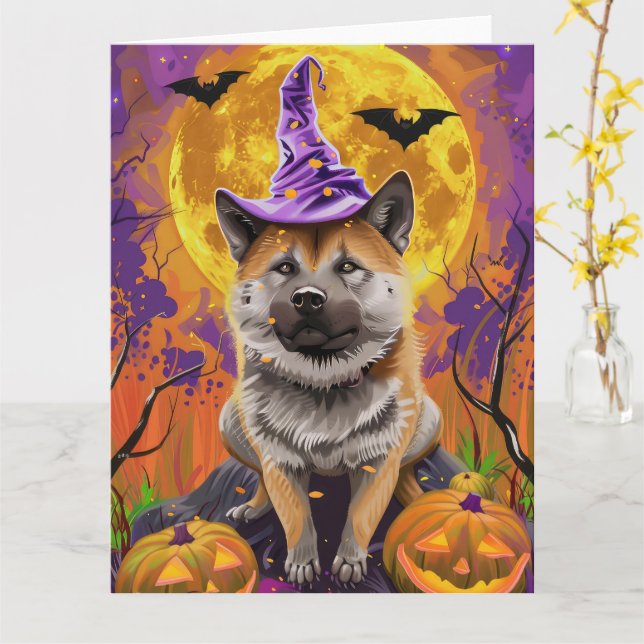 Spooky Akita Halloween Hexe und Pumpkin Karte (Gelbe Blume)