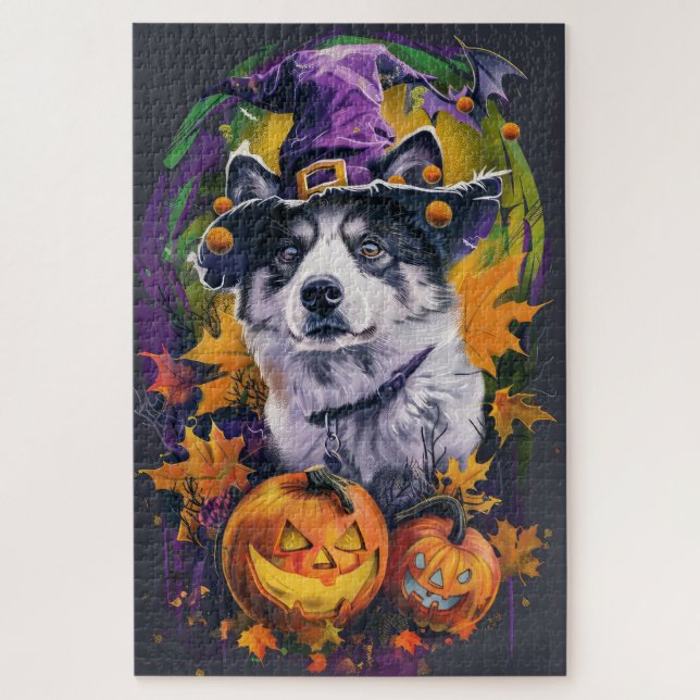 Spooky Akita Halloween Hexe und Pumpkin Puzzle (Vertikal)