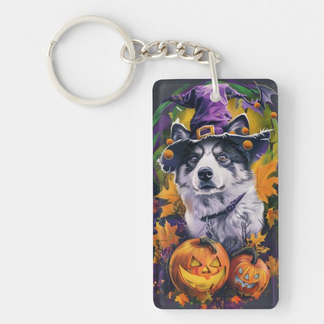 Spooky Akita Halloween Hexe und Pumpkin Schlüsselanhänger (Vorderseite)