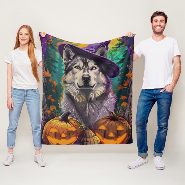 Spooky Alaskan Malamute alloween Hexe und Pumpkin Fleecedecke (Beispiel)