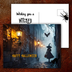 Spooky Alley Hexe mit Cat Wicked Halloween Feiertagspostkarte