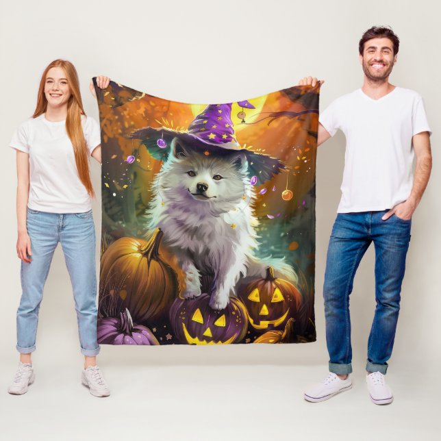 Spooky American Eskimo Halloween Hexe und Pumpkin Fleecedecke (Beispiel)