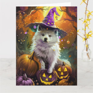 Spooky American Eskimo Halloween Hexe und Pumpkin Karte