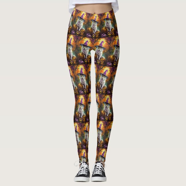 Spooky American Eskimo Halloween Hexe und Pumpkin Leggings (Vorderseite)
