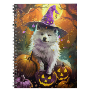 Spooky American Eskimo Halloween Hexe und Pumpkin Notizblock