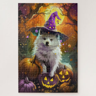 Spooky American Eskimo Halloween Hexe und Pumpkin Puzzle
