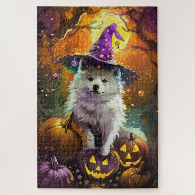 Spooky American Eskimo Halloween Hexe und Pumpkin Puzzle (Vertikal)
