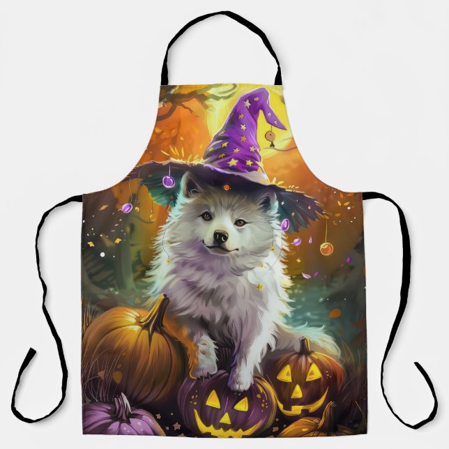 Spooky American Eskimo Halloween Hexe und Pumpkin Schürze (Vorderseite)