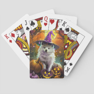 Spooky American Eskimo Halloween Hexe und Pumpkin Spielkarten
