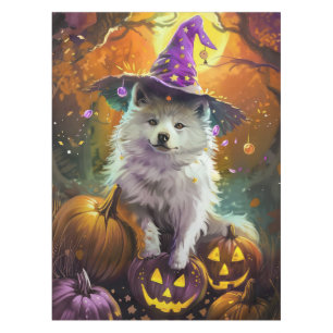 Spooky American Eskimo Halloween Hexe und Pumpkin Tischdecke