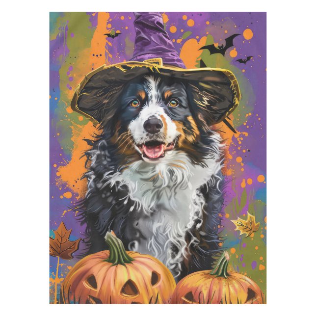 Spooky Australian Shepherd Halloween Hexenkürbis Tischdecke (Vorderseite)