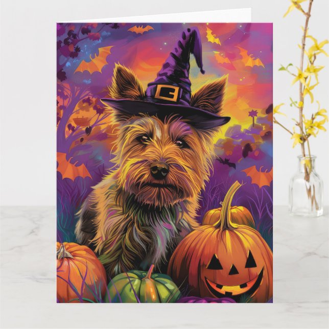 Spooky Australian Terrier Halloween Hexenkürbis Karte (Gelbe Blume)