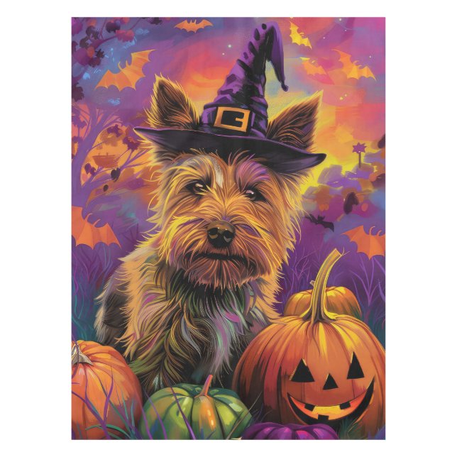 Spooky Australian Terrier Halloween Hexenkürbis Tischdecke (Vorderseite)