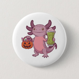 Spooky Axolotl Holding Matcha und Leckerei Hallowe Button