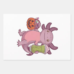 Spooky Axolotl Holding Matcha und Leckerei Hallowe Geschenkpapier Set