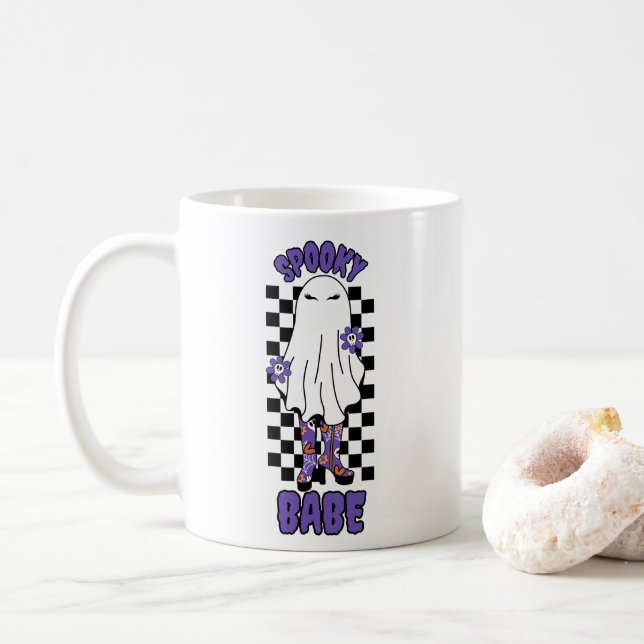 "Spooky Babe" Frau Halloween Ghost Retro Lila Kaffeetasse (Mit Donut)
