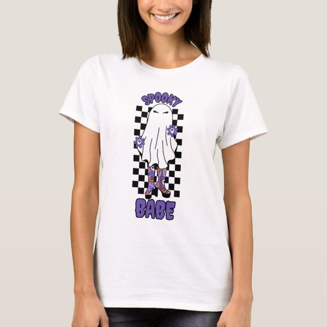 "Spooky Babe" Frau Halloween Ghost Retro Lila T-Shirt (Vorderseite)